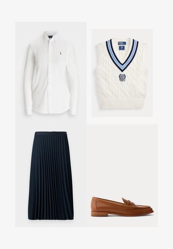 Biely pletený bezrukávový sveter bez rukávov s modrým pruhovaným výstrihom do V a logom Polo Ralph Lauren Wimbledon na hrudi.; Biela košeľa s dlhými rukávmi a zapínaním na gombíky, s špicatým golierom, vyrobená z bavlny. Na ľavej strane hrude sa nachádza malé vyšívané logo.; Plisovaná námornícka sukňa s textúrovaným pásom, vyrobená z hladkej látky, s rovnomerne umiestnenými vertikálnymi plisami a dĺžkou po polovicu lýtok.; Hnedý kožený mokasín s nízkym dreveným podpätkom, klasickým pásikom na mincu a prešitými detailmi pozdĺž špičky a strán.