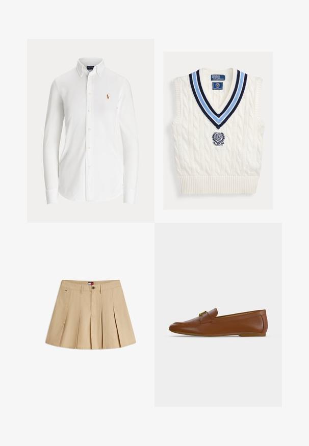 Biely pletený bezrukávový sveter bez rukávov s modrým pruhovaným výstrihom do V a logom Polo Ralph Lauren Wimbledon na hrudi.; Biela košeľa s dlhým rukávom zapínaná na gombíky, golierom na gombíky a malým vyšitým logom hráča póla na hrudi.; Béžová plisovaná mini sukňa s pútkami na opasok, zapínaním na gombíky vpredu, bočnými vreckami a malým logom Tommy Hilfiger na ľavej strane.; Hnedý kožený mokasín so zlatou prackou a nízkym plochým podpätkom, zobrazený z bočného profilu na jednoduchom svetlom pozadí.