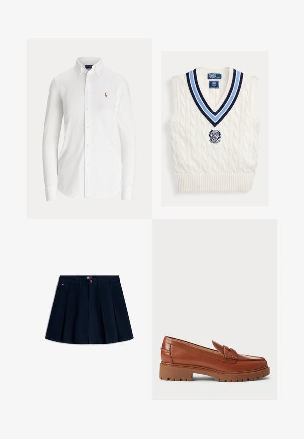 Biely pletený bezrukávový sveter bez rukávov s modrým pruhovaným výstrihom do V a logom Polo Ralph Lauren Wimbledon na hrudi.; Biela košeľa s dlhým rukávom zapínaná na gombíky, golierom na gombíky a malým vyšitým logom hráča póla na hrudi.; Tmavomodrá plisovaná mini sukňa s prednými gombíkmi a zipsom, pútkami na opasok, bočnými vreckami a malým logom na ľavom bedro.; Hnedé kožené mokasíny s dizajnom špičky v štýle mokasín, viditeľným šitím a hrubou, textúrovanou gumenou podrážkou. Doplnené zlatými kovovými detailmi.