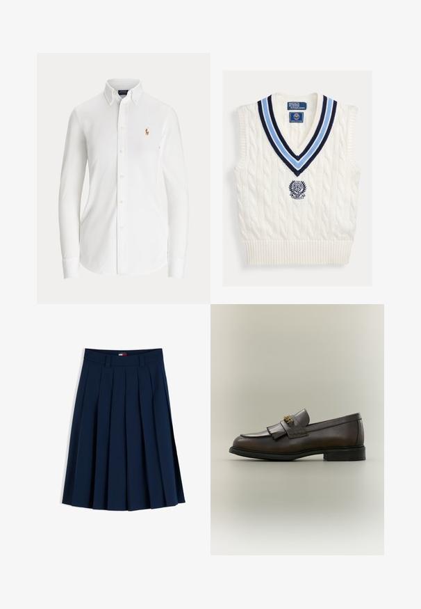 Biely pletený bezrukávový sveter bez rukávov s modrým pruhovaným výstrihom do V a logom Polo Ralph Lauren Wimbledon na hrudi.; Biela košeľa s dlhým rukávom zapínaná na gombíky, golierom na gombíky a malým vyšitým logom hráča póla na hrudi.; Tmavomodrá plisovaná sukňa s opaskovými očkami a malou červeno-bielo-modrou logo menovkou v páse, zobrazená na bielom pozadí.; Tmavohnedý kožený mokasín s detailom strapcov a zlatou prackou na čiernej podrážke, zobrazený z boku na neutrálnom pozadí.