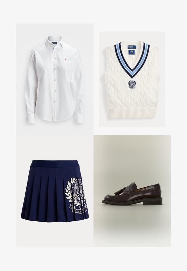 Biely pletený bezrukávový sveter bez rukávov s modrým pruhovaným výstrihom do V a logom Polo Ralph Lauren Wimbledon na hrudi.; Biela košeľa s dlhými rukávmi a gombíkmi vyrobená z bavlny, s klasickým golierom a malým vyšitým logom na hrudi.; Tmavomodrá plisovaná sukňa so širokým pásom a bielym tenisovým erbom na spodnej pravej strane.; Tmavohnedý kožený mokasín s strapcami, nízkym podpätkom a šitým podrážkom, zobrazený zboku na neutrálnom pozadí.