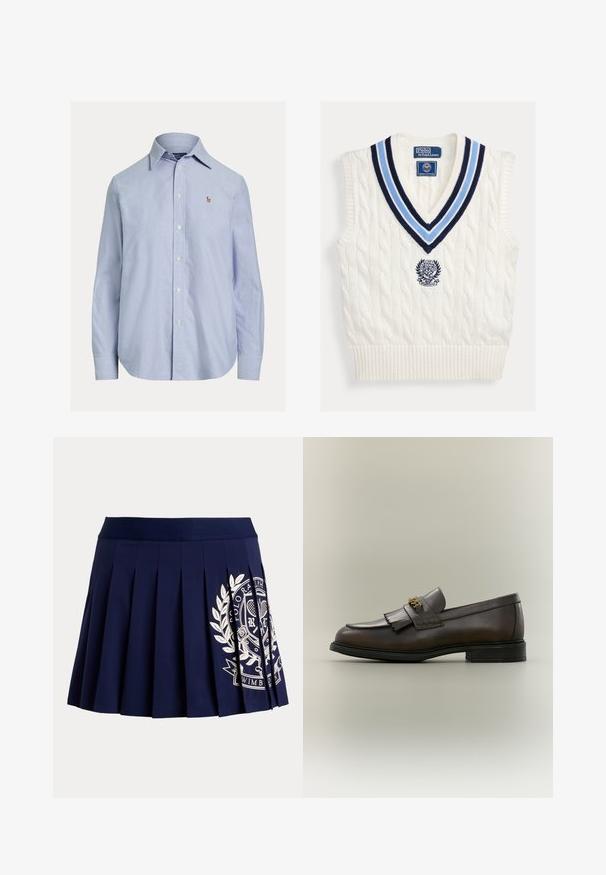 Biely pletený bezrukávový sveter bez rukávov s modrým pruhovaným výstrihom do V a logom Polo Ralph Lauren Wimbledon na hrudi.; Svetlomodrá košeľa s dlhým rukávom na gombíky, so špicatým golierom a malým vyšitým logom na ľavej strane hrude.; Tmavomodrá plisovaná sukňa so širokým pásom a bielym tenisovým erbom na spodnej pravej strane.; Tmavohnedý kožený mokasín s detailom strapcov a zlatou prackou na čiernej podrážke, zobrazený z boku na neutrálnom pozadí.