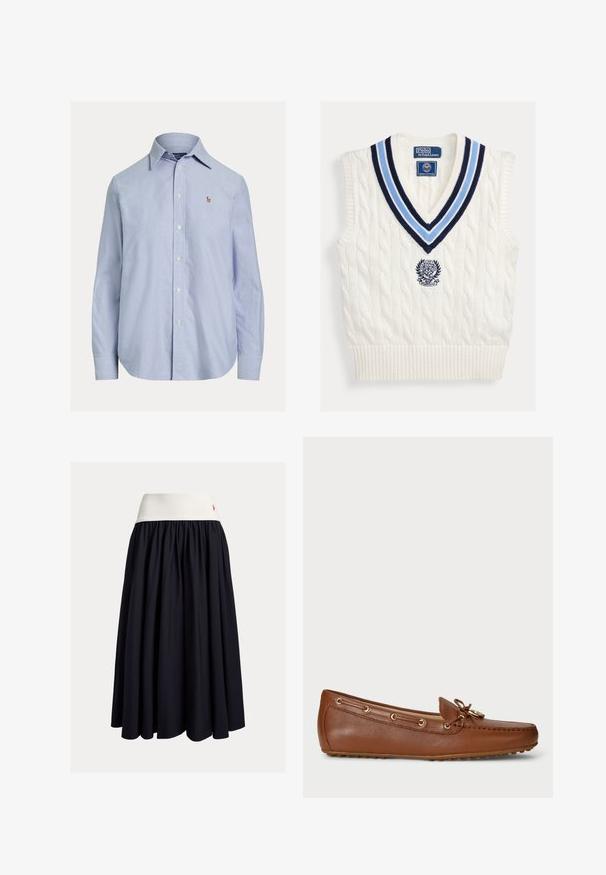 Valge soonikkoes varrukateta kampsunisärk sinise triibulise V-kaeluse ja rinnal asuva Polo Ralph Laureni Wimbledon'i logoga.; Hele sinine pikkade varrukatega nööbitav särk, terava kraega ja väikese tikitud logoga vasakul rinnal.; Põlveni ulatuv seelik tumesinisest kangast, millel on valge elastne vöökoht. Disainis on voldid ja väike punane logoaktsent.; Pruun nahast mokassiinsi hüüks, millel on paelad ja kuldsed silmad, ümardatud varbaosa ning kummist talla väikeste mustritega haardeks.