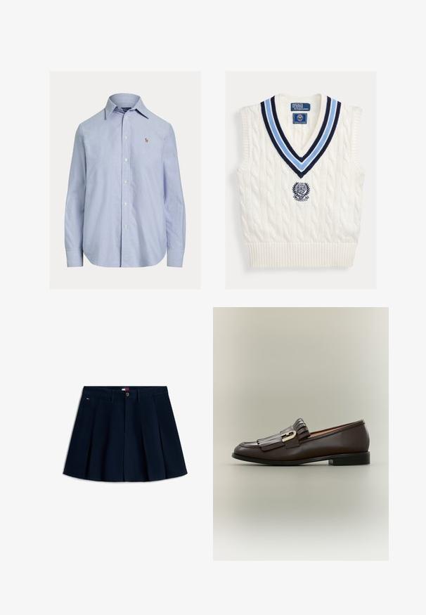 Hvid kabelstrikket ærmeløs sweatervest med blåstribet V-hals og Polo Ralph Lauren Wimbledon-logo på brystet.; Lyseblå skjorte med lange ærmer og knapper, med spids krave og lille broderet logo på venstre bryst.; Marineblå plisseret mininederdel med knapper foran og lynlås, bæltestropper, sidelommer og lille logo på venstre hofte.; Mørkebrune læderloafer med frynsedetalje og guldbeslag på en neutral baggrund, sidevisning.