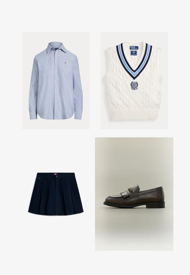 Biely pletený bezrukávový sveter bez rukávov s modrým pruhovaným výstrihom do V a logom Polo Ralph Lauren Wimbledon na hrudi.; Svetlomodrá košeľa s dlhým rukávom na gombíky, so špicatým golierom a malým vyšitým logom na ľavej strane hrude.; Tmavomodrá plisovaná mini sukňa s prednými gombíkmi a zipsom, pútkami na opasok, bočnými vreckami a malým logom na ľavom bedro.; Tmavohnedý kožený mokasín s detailom strapcov a zlatou prackou na čiernej podrážke, zobrazený z boku na neutrálnom pozadí.