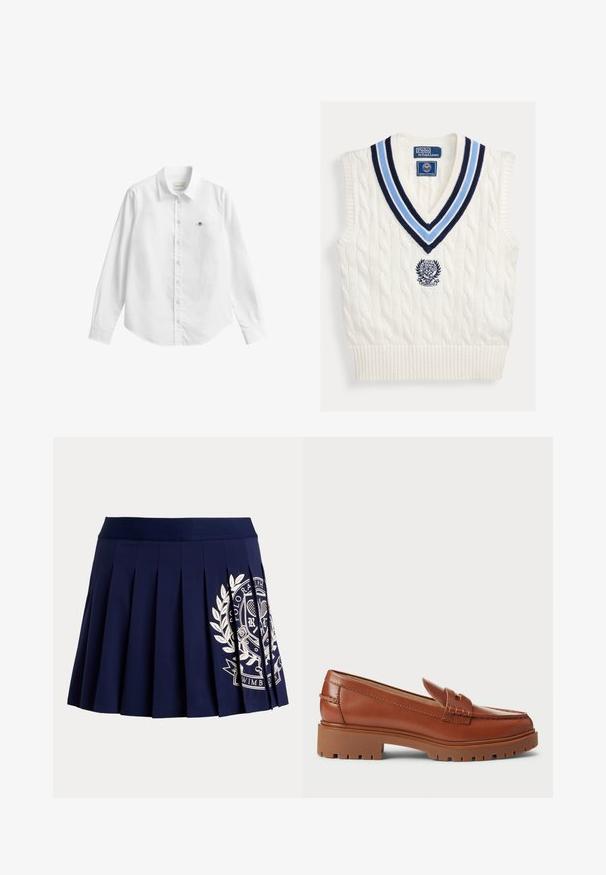 Biely pletený bezrukávový sveter bez rukávov s modrým pruhovaným výstrihom do V a logom Polo Ralph Lauren Wimbledon na hrudi.; Biela košeľa s dlhým rukávom na gombíky vyrobená z látky s jemnou textúrou. Má predné vrecko s malým vyšívaným logom a klasický golier.; Tmavomodrá plisovaná sukňa so širokým pásom a bielym tenisovým erbom na spodnej pravej strane.; Hnedé kožené mokasíny s dizajnom špičky v štýle mokasín, viditeľným šitím a hrubou, textúrovanou gumenou podrážkou. Doplnené zlatými kovovými detailmi.
