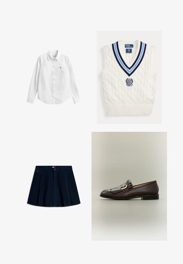 Gilet sans manches en maille torsadée blanche avec col en V rayé bleu et logo Polo Ralph Lauren Wimbledon sur la poitrine.; Chemise blanche à manches longues avec boutons, fabriquée dans un tissu légèrement texturé. Dotée d'une poche avant avec un petit logo brodé et d'un col classique.; Jupe mini plissée bleu marine avec bouton et fermeture éclair à l'avant, passants de ceinture, poches latérales et petit logo sur la hanche gauche.; Mocassin en cuir marron foncé avec détail à franges et boucle dorée sur fond neutre, vue latérale.