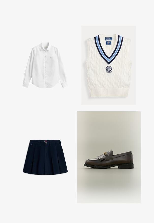 Hvid kabelstrikket ærmeløs sweatervest med blåstribet V-hals og Polo Ralph Lauren Wimbledon-logo på brystet.; Hvid skjorte med lange ærmer og knapper lavet af stof med en let tekstur. Har en frontlomme med en lille broderet logo og en klassisk krave.; Marineblå plisseret mininederdel med knapper foran og lynlås, bæltestropper, sidelommer og lille logo på venstre hofte.; Mørkebrun læderloafer med frynser og guldbeslag på sort sål, vist fra siden på en neutral baggrund.