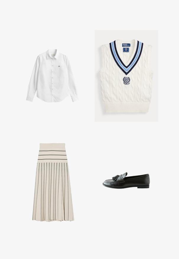 Hvid kabelstrikket ærmeløs sweatervest med blåstribet V-hals og Polo Ralph Lauren Wimbledon-logo på brystet.; Hvid skjorte med lange ærmer og knapper lavet af stof med en let tekstur. Har en frontlomme med en lille broderet logo og en klassisk krave.; Kremfarvet plisseret midinederdel med sorte horisontale striber på taljebåndet og sorte lodrette striber på nederdelens krop.; Sort læderloafer med kvaster foran, flad sål og dekorativ syning langs siden.