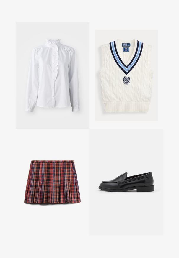 Hvid kabelstrikket ærmeløs sweatervest med blåstribet V-hals og Polo Ralph Lauren Wimbledon-logo på brystet.; Hvid skjorte med lange ærmer, flæset høj krave og lodret flæseaccent foran. Letvægts bomuldsstof.; Rød ternet plisseret nederdel med sorte, blå og gule detaljer. Har en elastisk talje og et tekstureret stof for visuel interesse.; Sorte læder loafers med en glat overflade, rund tå, syet detalje på overdelen og en lav, flad gummisål.