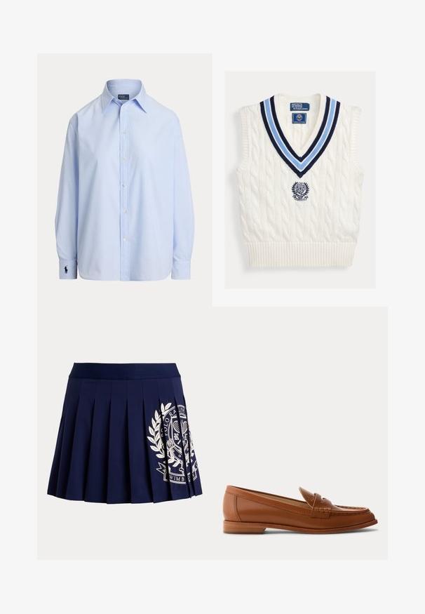 Biely pletený bezrukávový sveter bez rukávov s modrým pruhovaným výstrihom do V a logom Polo Ralph Lauren Wimbledon na hrudi.; Svetlomodrá košeľa s dlhým rukávom s gombíkmi, so špicatým golierom a vyšitým logom na ľavom manžete, zobrazená na bielom pozadí.; Tmavomodrá plisovaná sukňa so širokým pásom a bielym tenisovým erbom na spodnej pravej strane.; Hnedý kožený mokasín s nízkym dreveným podpätkom, klasickým pásikom na mincu a prešitými detailmi pozdĺž špičky a strán.