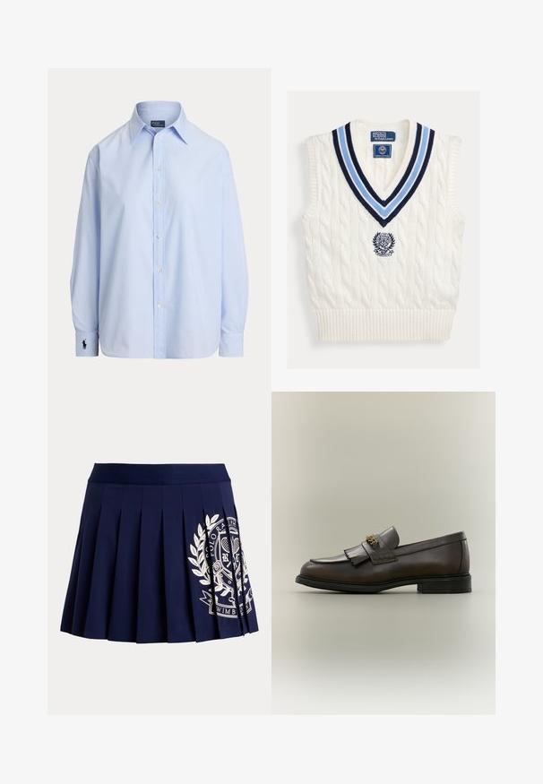 Biely pletený bezrukávový sveter bez rukávov s modrým pruhovaným výstrihom do V a logom Polo Ralph Lauren Wimbledon na hrudi.; Svetlomodrá košeľa s dlhým rukávom s gombíkmi, so špicatým golierom a vyšitým logom na ľavom manžete, zobrazená na bielom pozadí.; Tmavomodrá plisovaná sukňa so širokým pásom a bielym tenisovým erbom na spodnej pravej strane.; Tmavohnedý kožený mokasín s detailom strapcov a zlatou prackou na čiernej podrážke, zobrazený z boku na neutrálnom pozadí.