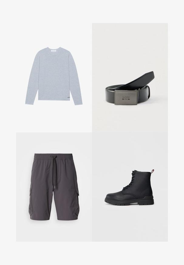 Hellgrauer Langarmpullover mit gerippter Textur, rundem Ausschnitt und einem kleinen schwarzen Logoakzent nahe dem Saum. Minimalistisches Design.; Graue Cargo-Shorts aus leichtem Stoff, mit einem Kordelzugbund, Seitentaschen und einem leicht lockeren Schnitt.; Schwarze Leder-Stiefelette mit Schnüroptik, dickem Gummisohle und roter Schlaufe am Absatz, vor einem schlichten, hellen Hintergrund gezeigt.; Schwarzer Ledergürtel mit glatter Oberfläche, der eine rechteckige graue Metallschnalle mit eingeprägtem "BOSS" trägt. Elegantes und schlichtes Design.