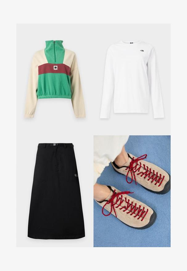 Pull-over en polaire à col montant avec zip, corps vert, manches crème, bande poitrine bordeaux, ourlet élastique et emblème de soleil sur la poitrine.; T-shirt blanc à manches longues avec col rond et petit logo noir The North Face sur le côté gauche de la poitrine.; Jupe midi noire avec ceinture à taille ajustable et logo The North Face sur le côté droit.; Des chaussures beiges avec des lacets rouges, posées sur une surface bleue texturée, révèlent partiellement la cheville d'une personne. Les chaussures ont un design sportif.