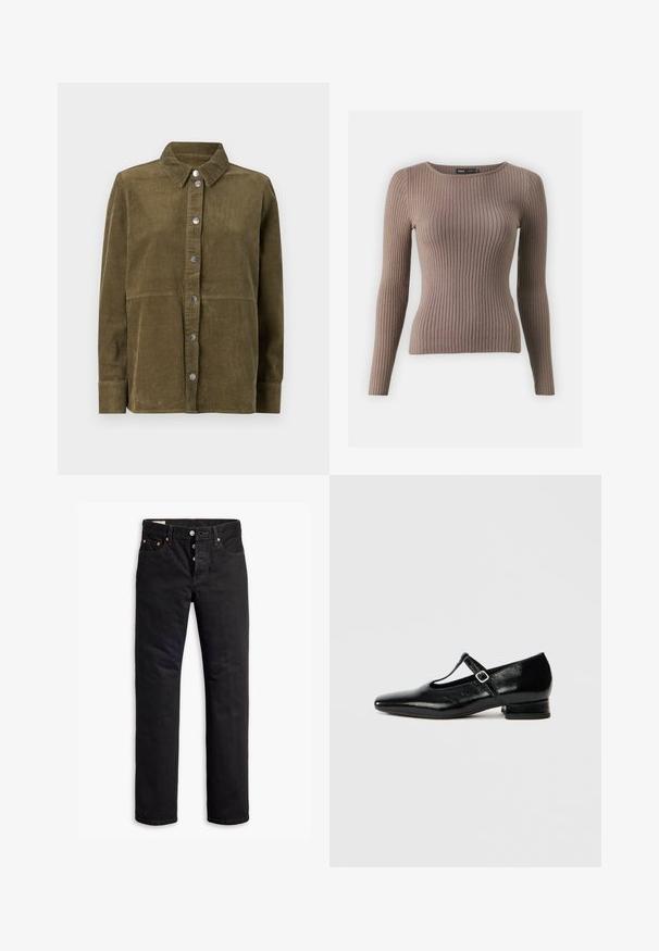Bruine geribbelde gebreide trui met een ronde halslijn en lange mouwen. De stof heeft een gladde textuur en een aansluitend ontwerp.; Olijfgroene corduroy shirt jas met een kraag, lange mouwen, zilveren knopen en een verticale ribbelstructuur.; Zwarte denim jeans met een rechte snit, vijf-pocket ontwerp en een knoopsluiting. Beschikt over koperen klinknagels en stikselaccenten.; Zwarte leren Mary Jane schoenen met een puntige neus, een kleine blokhak en een verstelbare riem met een zilveren gesp. Gladde, glanzende textuur.