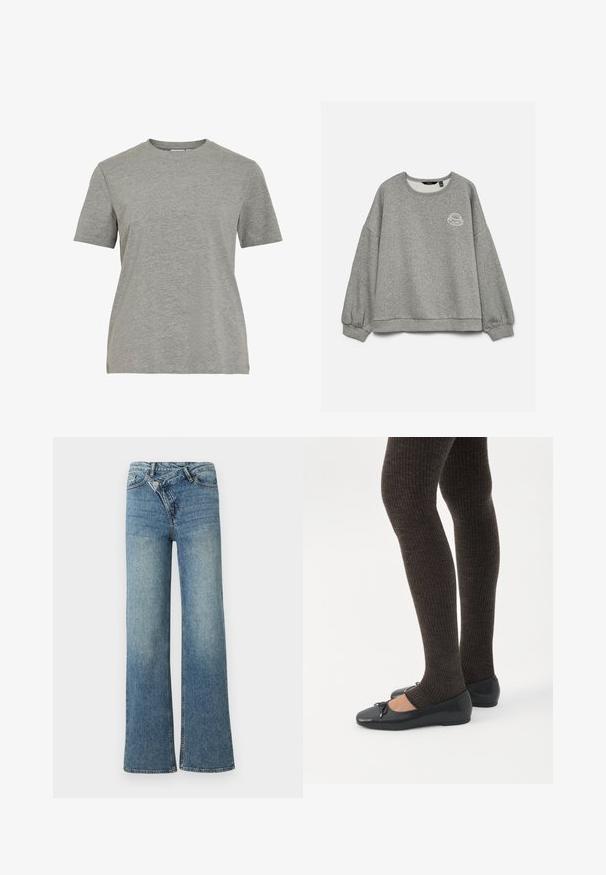 Sudadera de cuello redondo de manga larga de color gris claro con puños elásticos y un pequeño dibujo lineal blanco de una taza de café en el pecho izquierdo.; Camiseta gris de algodón con cuello redondo clásico, mangas cortas y textura suave, ideal para un uso casual.; Vaqueros de mezclilla azul claro de pierna ancha con cintura alta, decoloración ligera y cierre de botón en la parte delantera. Cuenta con cinco bolsillos y costuras mínimas.; Piernas con leggings oscuros acanalados combinados con bailarinas negras que presentan pequeños detalles de lazo sobre un fondo blanco.