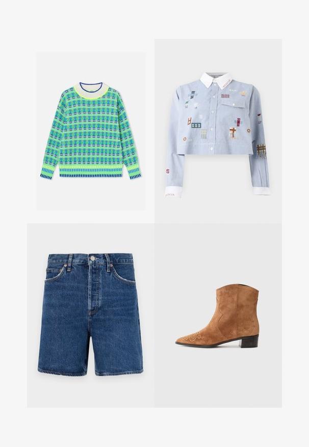 Pull en tricot à manches longues avec motif floral bleu, vert et jaune, poignets et ourlet côtelés, col blanc avec bordure bleue.; Chemise courte bleu clair avec col et poignets blancs, décorée de patchs brodés colorés et d'une poche poitrine avec rabat à bouton.; Chino shorts en denim bleu foncé avec une coupe classique, comportant cinq poches, une fermeture à bouton et des détails de couture orange contrastants.; Bottine en suède marron avec un bout-pointu, motif décoratif en perles dorées, design à bords festonnés et un petit talon empilé.