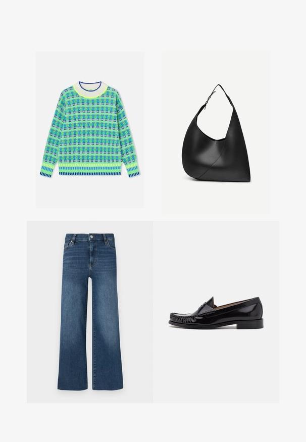 Pull en tricot à manches longues avec motif floral bleu, vert et jaune, poignets et ourlet côtelés, col blanc avec bordure bleue.; Jean denim à jambes larges, teinte bleu moyen, doté d'une fermeture par bouton et glissière, cinq poches et des détails de couture subtils.; Mocassin en cuir noir avec une finition brillante, présentant des franges à l'avant et un petit talon empilé.; Sac à épaule en cuir noir avec forme triangulaire incurvée, une seule sangle ajustable, et une couture diagonale visible à l'avant.