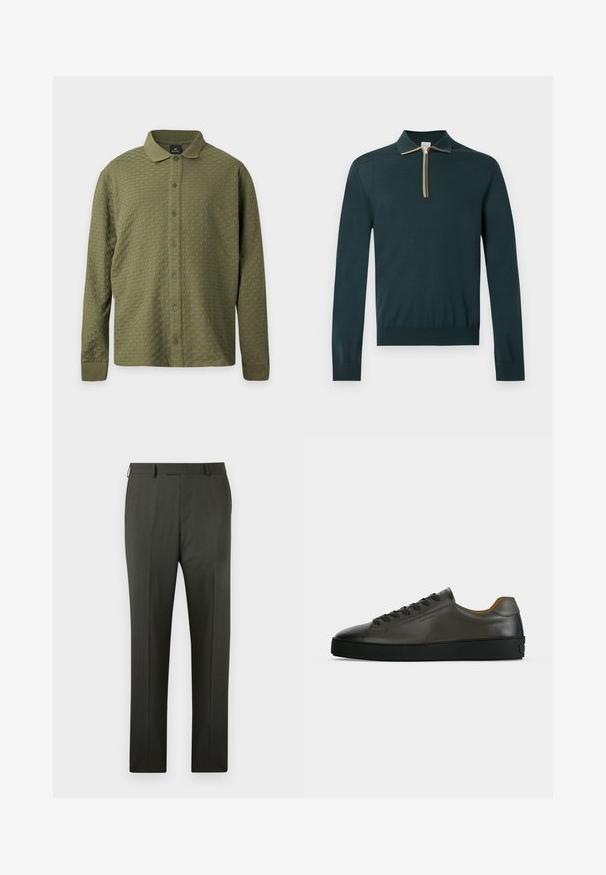 Polo à manches longues vert foncé avec un col et une fermeture éclair présentant des rayures multicolores au centre devant.; Chemise à manches longues vert olive texturée, boutonnée, avec col et poignets, présentée sur un fond clair uni.; Pantalon de costume pour homme sur mesure gris foncé avec passants de ceinture et pli avant, présenté sur fond blanc.; Basket basse en cuir gris foncé avec lacets et semelle noirs, design minimaliste, profil latéral sur un fond clair uni.