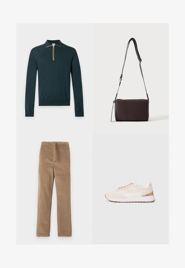 Polo de manga larga verde oscuro con cuello y cremallera con rayas multicolores en la parte central delantera.; Pantalones de pana marrones con cintura elástica y cordón frontal, corte recto, expuestos sobre fondo blanco.; Zapatillas con un upper de ante beige, acentos blancos, suela de goma marrón y detalle de rayas coloridas en el talón; cuenta con cordones marrones.; Bolso bandolera de cuero marrón oscuro con textura, correa ajustable y pequeño adorno decorativo azul en el lateral.