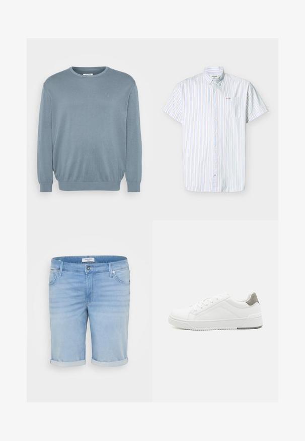 Helles blaues Sweatshirt aus Strickstoff, mit rundem Halsausschnitt und gerippten Bündchen und Saum. Einfaches Design mit einer weichen Textur.; Kurzärmliges Hemd zum Knöpfen mit vertikalen blauen, beige und weißen Streifen sowie einer aufgesetzten Brusttasche mit kleiner Stickerei.; Helle blaue Jeansshorts mit einem leicht ausgewaschenen Finish, umgeschlagenen Säumen, Fünf-Taschen-Design und einem Metallknopfverschluss.; Weißer Sneaker aus glattem Leder, runde Zehenpartie, minimalistisches Design, graue Fersenkante und strukturierte Gummisohle.