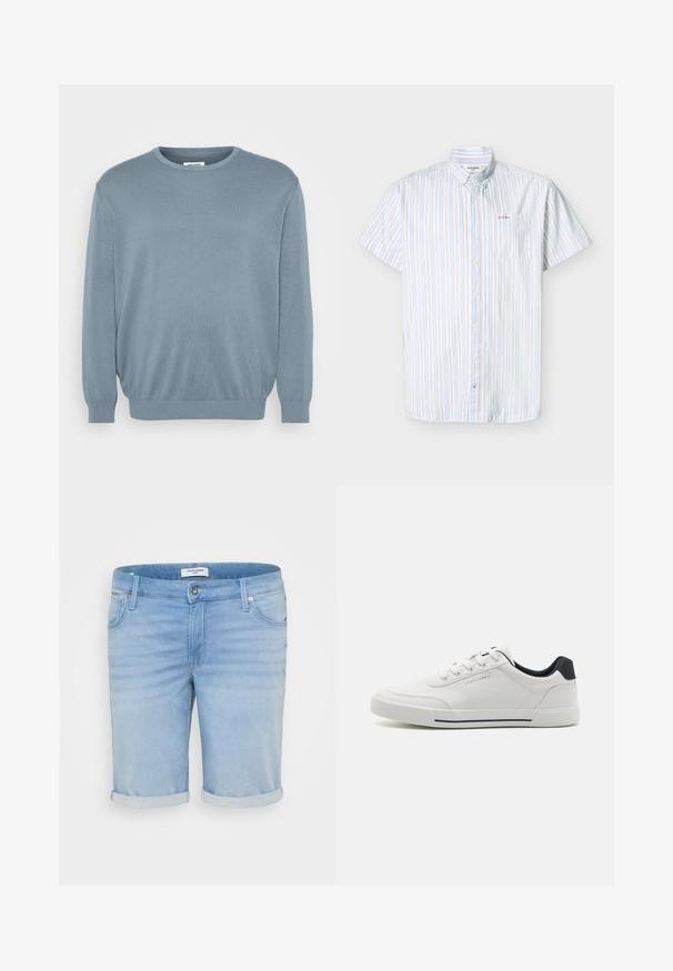 Lyseblå sweater lavet af strikket stof, med rund halsudskæring og ribbede manchetter og kant. Enkel design med en blød tekstur.; Kortærmet skjorte med knapper, med lodrette blå, beige og hvide striber og en brystlomme broderet med lille tekst.; Lysblå denimshorts med en let falmet finish, opfoldede bukseben, fem-lommer design og en metalknaplukning.; Hvide sneakers med en glat syntetisk overdel, rund tå, snørebåndsdesign, marineblå accent på hælen og en tekstureret gummisål med en sort stribe.