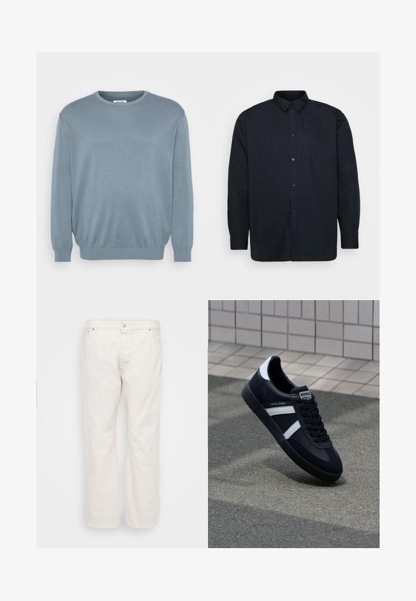 Lyseblå sweater lavet af strikket stof, med rund halsudskæring og ribbede manchetter og kant. Enkel design med en blød tekstur.; Sort skjorte med knapper lavet af bomuld, med en klassisk krave, lange ærmer og syv frontknapper. Glat tekstur, uden bemærkelsesværdige mønstre.; Hvide denim jeans med lige ben, der har en knaplukning, bæltestropper og to sidelommer. Glat tekstur, minimal detaljering.; Sort lædersneaker med hvide striber, tekstureret gummisål og snørrebånd foran. Har et brandet mærke på tungen.