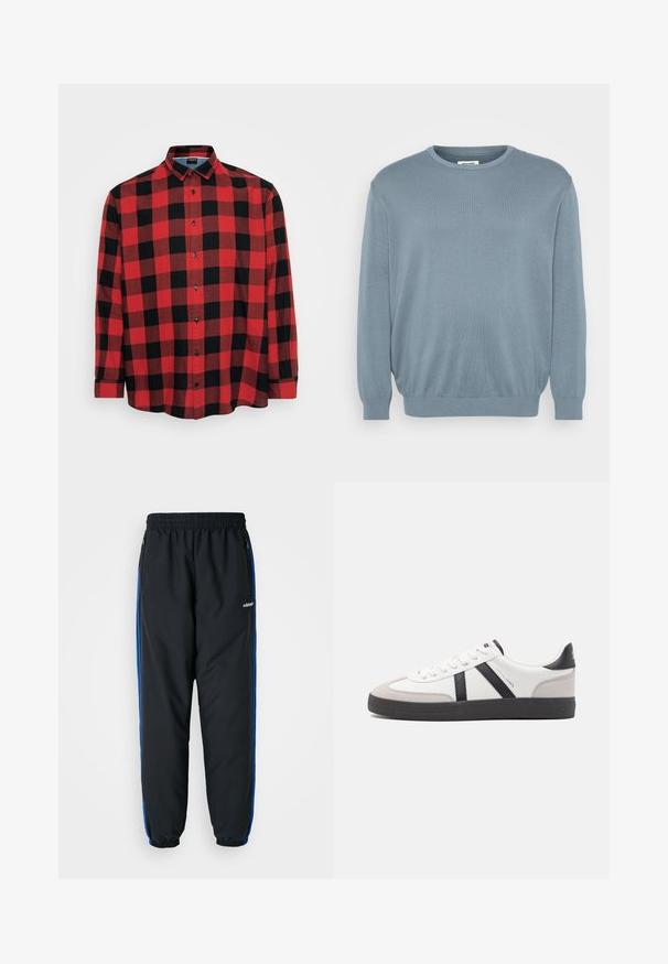 Un pull bleu clair en tissu tricoté, doté d'un col rond et de poignets et d'un ourlet côtelés. Design simple avec une texture douce.; Chemise à manches longues à carreaux rouges et noirs, en coton, col boutonné, boutons noirs, avec un grand motif à carreaux et un ourlet arrondi.; Pantalons de sport noirs avec taille élastique, bandes latérales bleues, poches zippées et poignets resserrés pour un ajustement près du corps. Fabriqués à partir de matériaux légers.; Baskets blanches avec des accents noirs et gris, présentant un embout texturé gris, une semelle en caoutchouc noir et des lacets plats blancs. Design épuré, style minimaliste.