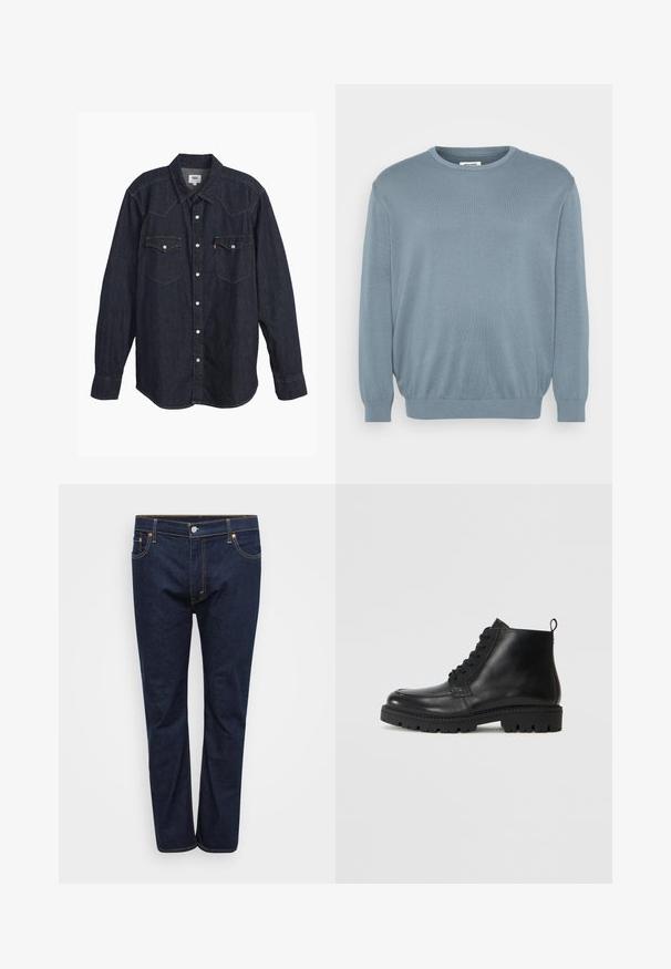 Lyseblå sweater lavet af strikket stof, med rund halsudskæring og ribbede manchetter og kant. Enkel design med en blød tekstur.; Mørk denim langærmet skjorte med spids krave, to brystlommer, hvide knapper og kontrastfarvet gul syning. Glat, holdbart stof.; Mørkeblå denim jeans med lige ben, der har synlige stikninger i kontrasterende gul, fem lommer og en frontlukning med knap.; Sorte læder ankelstøvler med rund tå, snørebånd fortil og tekstureret gummisål. Inkluderer en løkke ved hælen for nem påføring.