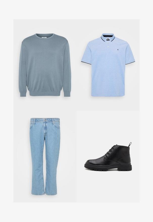 Lyseblå sweater lavet af strikket stof, med rund halsudskæring og ribbede manchetter og kant. Enkel design med en blød tekstur.; Lyseblå polo skjorte med en to-knaps placket, kontrasterende mørk krave og kantdetaljer. Blødt bomuldsstof med en tekstureret overflade.; Lyseblå denim jeans med lige ben-design, der har en fem-lomme stil og en knaplukning i taljen.; Sorte læder ankelstøvler med snørebånd foran, tekstureret sål og træktabs. Rund tå og robust gummisål, der forbedrer trækkraften.