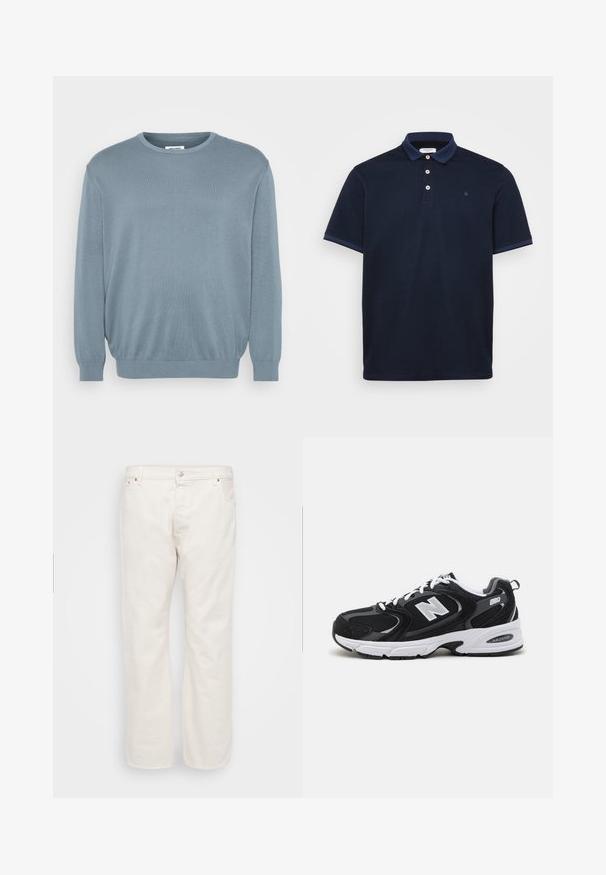 Lyseblå sweater lavet af strikket stof, med rund halsudskæring og ribbede manchetter og kant. Enkel design med en blød tekstur.; Marineblå polo shirt lavet af blødt stof, med klassisk krave, tre-knap lukning og kontraststribede detaljer på ærmerne.; Hvide denim jeans med lige ben, der har en knaplukning, bæltestropper og to sidelommer. Glat tekstur, minimal detaljering.; Sorte og grå sportssko med mesh og ruskind på overdelen, der har en hvid mellemsål, snørebånd og et iøjnefaldende "N" logo på siden.