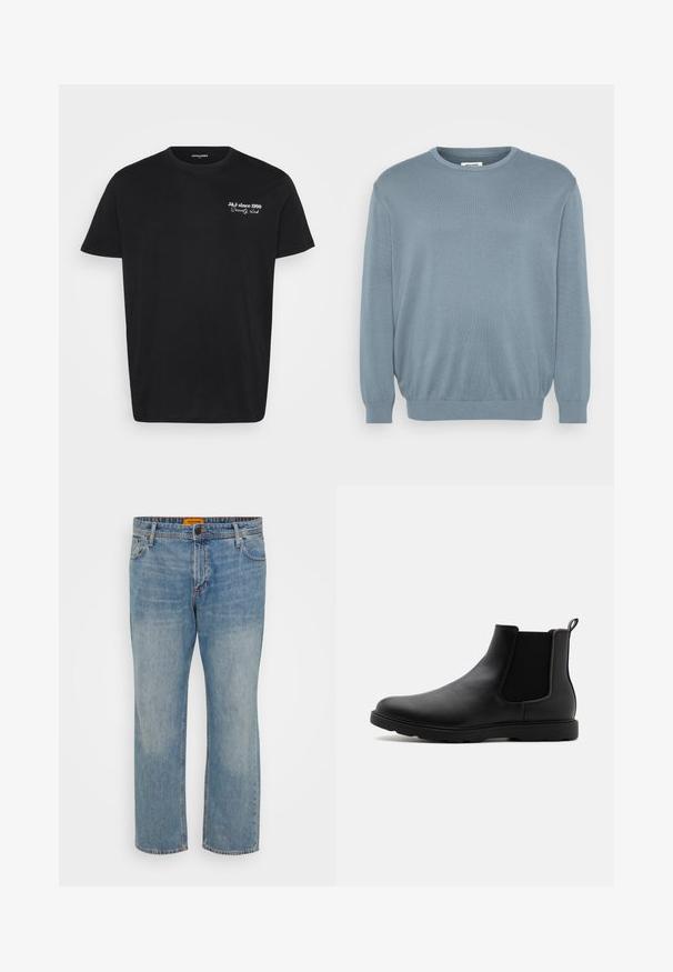 Lichtblauwe trui van gebreide stof, met een ronde halslijn en geribde manchetten en zoom. Eenvoudig ontwerp met een zachte textuur.; Zwarte T-shirt met korte mouwen en ronde hals, met witte tekst "J&J sinds 1990 Society club" op de linkerborst.; Lichtblauwe denim jeans met een rechte pasvorm, voorzien van vijf zakken, een knoopsluiting en een oranje merklabel op de tailleband.; Zwarte leren Chelsea-laars met elastische zijpanelen, een trekhaak en een duurzame rubberen zool. Glad oppervlak en gestroomlijnd ontwerp.