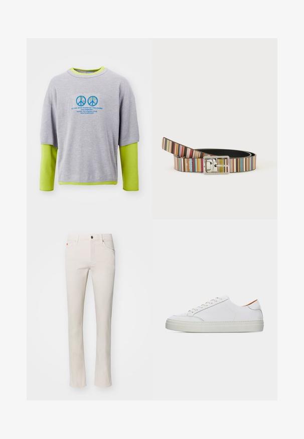 Grauer Baumwoll-Sweatshirt mit einer leuchtend grünen Innenschicht, das blaue Friedenssymbole und Textdruck auf der Vorderseite aufweist. Kurze Ärmel, lockere Passform.; Beige Straight-Leg-Jeans aus einem Baumwoll-Mischgewebe. Mit traditionellem Fünf-Taschen-Design und Metallknopfverschluss am Bund.; Weißer Leder-Sneaker in niedriger Ausführung mit Schnürung vorne, dicker Sohle und minimalen Nahtdetails vor einem schlichten hellen Hintergrund.; Gestreifter Gürtel mit mehreren vertikalen Farben und einer glänzenden silbernen rechteckigen Schnalle, zusammengerollt auf einem schlichten weißen Hintergrund liegend.