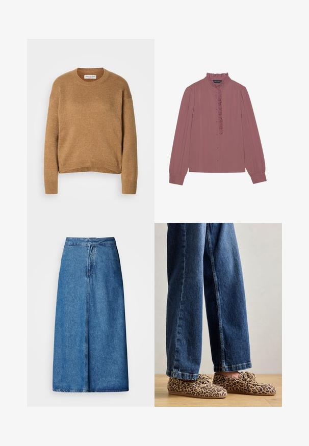 Camelinruskea neulepullover, jossa on pyöreä kaula-aukko, pitkät hihat sekä ribbireunat hihansuissa ja helmassa, merkki Marc O’Polo.; Långärmad blus i mauve med volangkrage och knappstängning fram. Tillverkad av lättviktigt tyg med plisserade ärmar.; Farkkumallinen midi-hame, jossa rento istuvuus, korkea vyötärö, repsottava helma ja tasainen sininen väri. Yksinkertainen muotoilu ilman näkyviä koristeita.; Leopardi-kuosiset mokkasiinit, jotka on valmistettu nappa- tai mikrokuidusta, joissa on pyöreä kärki, nauhakiinnitys ja litteät, joustavat pohjat, yhdistettynä sinisiin farkkuihin.