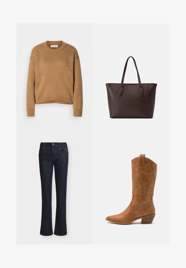 Kamelbrun strikket crew-neck sweater med lange ærmer samt ribbede manchetter og kant, mærket Marc O’Polo.; Mørkeblå denimjeans med lette vide ben, frontknap og lynlåslukning, forlommer og synlige syningsdetaljer.; Tan læder cowboystøvle med spids tå, broderede svirvelmønstre på skaftet og en stablet blokhæl. Har en træksløjfe for nem af/på.; Brun læder tote taske med to top hændler, rektangulær form, minimalistisk design og syning detalje langs kanterne.
