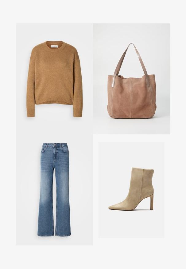 Pull en tricot couleur camel à col rond, avec des manches longues et des bords côtelés, étiqueté Marc O’Polo.; Mos Mosh MAI - Jean droit - blue wash; Zign by Zalando Bottines à talons hauts - beige; Anna Field by Zalando LEATHER - Cabas - taupe
