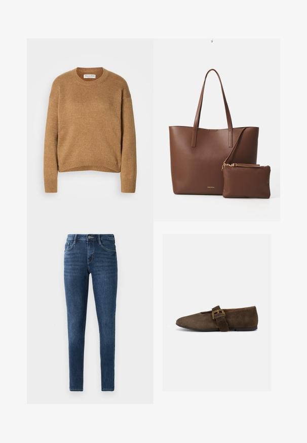 Kamelbrauner, gestrickter Rundhals-Pullover mit langen Ärmeln sowie gerippten Bündchen und Saum, etikettiert mit Marc O’Polo.; Dunkelblaue Skinny-Jeans aus Denim mit einem klassischen Five-Pocket-Design, vorderer Knopfverschluss und subtilen Nähdetails. Glatte Textur über die gesamte Oberfläche.; Brauner Wildleder-Flachschuh mit breitem Riemen und goldener Schnalle, abgerundeter Spitze und flacher schwarzer Sohle, seitlich auf weißem Hintergrund dargestellt.; Braune Handtasche aus Kunstleder mit zwei langen Griffen und einem passenden kleinen Beutel. Die Oberfläche weist ein strukturiertes Muster und goldene Hardware-Akzente auf.