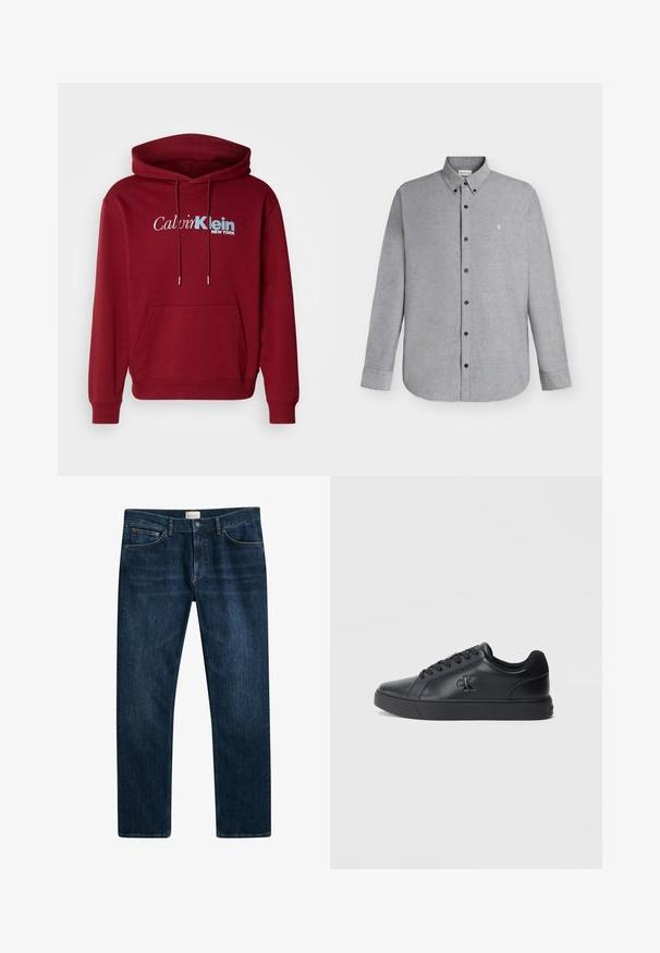 Burgunderfarvet hættetrøje lavet af fleece stof med en kengurulomme, ribbede manchetter og "Calvin Klein NEW YORK" logo i hvid og blå.; Lysegrå skjorte med lange ærmer, knapper foran og knaplukket krave samt det lille "cK" logo broderet på venstre bryst.; Mørkeblå denim jeans med lige ben, knap- og lynlåslukning samt forlommer. Glat tekstur og minimal falmning.; Sorte lædersneakers med snørebånd, gummisål og præget logo på siden, der har en glat tekstur og minimalistisk stil.