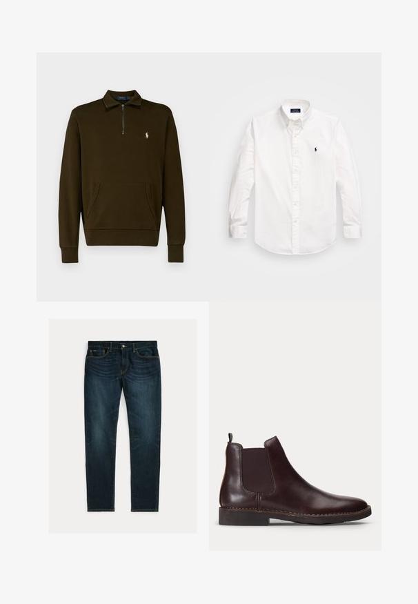 Polo Ralph Lauren LOOPBACK QUARTER-ZIP SWEATSHIRT - Sudadera - dark loden; Camisa blanca de manga larga hecha de algodón, con un cuello abotonado, una tapeta frontal con botones y un pequeño logotipo en azul marino en el lado izquierdo del pecho.; Vaqueros ajustados de color azul oscuro con ligero desgaste y diseño de cinco bolsillos, colocados planos sobre un fondo blanco.; Botín Chelsea de cuero marrón oscuro con panel lateral elástico y tacón bajo, mostrado de perfil sobre un fondo blanco.