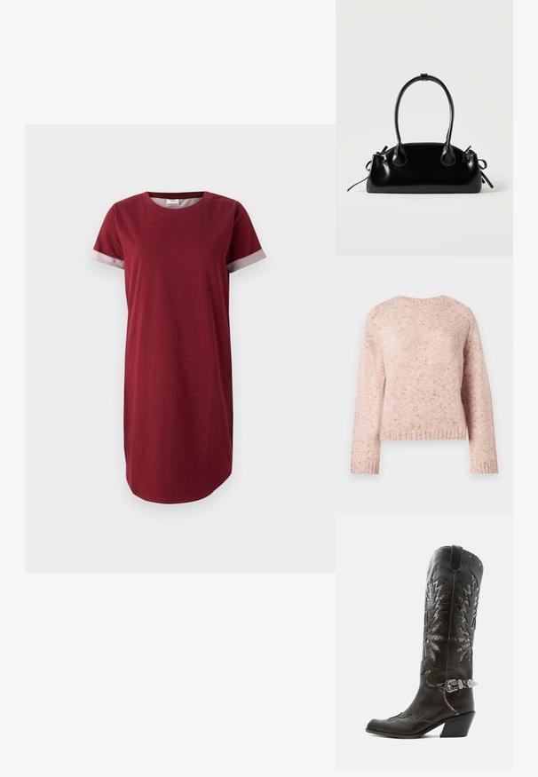 Rosa Pullover aus strukturiertem Strickstoff, mit rundem Ausschnitt und langen Ärmeln. Dezente Sprenkel verleihen dem Design eine besondere Note.; Burgunder T-Shirt-Kleid aus Baumwolle mit kurzen Ärmeln und grauen gemusterten Akzenten an den Manschetten. Verfügt über einen runden Ausschnitt und einen geraden Schnitt.; Schwarzer Leder-Cowboystiefel mit dekorativen Ausschnitten, silberner Schnalle und schräger Ferse, auf weißem Hintergrund dargestellt.; Kleine schwarze glänzende Handtasche mit zwei langen Griffen und seitlichen Kordelzug-Details vor einfachem hellem Hintergrund.
