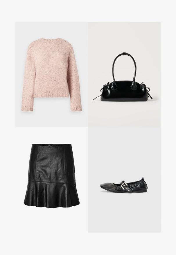 Lyserød sweater lavet af tekstureret strikstof, med rund hals og lange ærmer. Subtile prikker tilføjer detaljer til designet.; Sort læder mini nederdel med flagrende kant og synlige sømdetaljer, featuring en lynlås lukning bagpå.; Sorte læder flade sko med spids tå, samling detaljer omkring åbningen, og en sølv spænde accent på den justerbare rem.; Lille sort blank håndtaske med to lange håndtag og snøre-detaljer i siden på en ensfarvet lys baggrund.