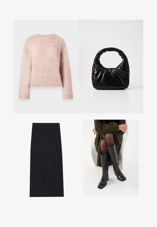 Pull en maille texturée de couleur rose, avec un col rond et des manches longues. Des éclats subtils ajoutent du détail au design.; Jupe midi noire en tissu doux et extensible. Présente une silhouette droite et une taille élastique pour un ajustement confortable.; Bottes en cuir noires arrivant au genou, avec un bout carré et un talon carré, présentées sur un modèle assis dans un manteau vert olive. Texture lisse, détails minimaux.; Sac à main noir rembourré avec une poignée arrondie, présentant une surface lisse et brillante ainsi qu'une texture douce et matelassée. Pas de quincaillerie ou d'accents visibles.