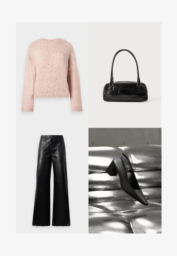 Pull en maille texturée de couleur rose, avec un col rond et des manches longues. Des éclats subtils ajoutent du détail au design.; Pantalons larges en faux cuir noire taille haute avec bouton avant, fermeture éclair, passants de ceinture et poches latérales sur fond blanc.; Escarpin noir à bride arrière avec bout pointu, présentant une surface texturée et un talon bloc épais. Posé sur un fond métallique brillant.; Sac à main en cuir noir de forme rectangulaire, doté d'une seule ansse structurée, de quincaillerie argentée et d'une fermeture éclair. Texture lisse.