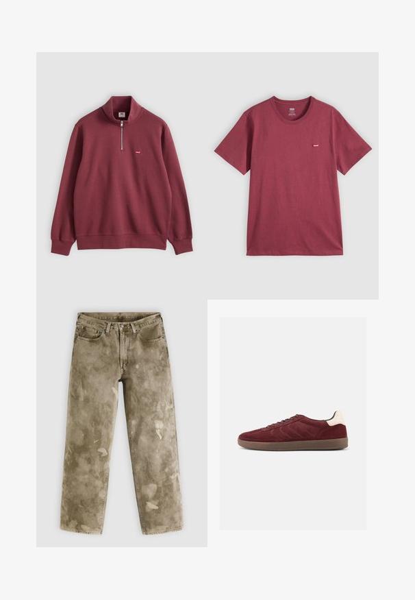 Pull-over bordeaux à manches longues avec demi-fermeture éclair et petit logo Levi's rouge sur la poitrine gauche, poignets et bas côtelés.; T-shirt uni bordeaux à manches courtes et col rond avec une petite étiquette rouge du logo Levi's sur la poitrine gauche.; Jean large couleur kaki avec une texture usée, présentant des éclaboussures de peinture claires et un design à cinq poches. Confectionné en denim.; Baskets en daim bordeaux avec fermeture à lacets, détails texturés sur les côtés et accent de talon clair. Semelle en gomme avec une finition lisse.