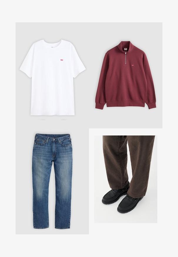 Pull-over bordeaux à manches longues avec demi-fermeture éclair et petit logo Levi's rouge sur la poitrine gauche, poignets et bas côtelés.; T-shirt en coton blanc à manches courtes et encolure ras du cou. Présente un petit logo rouge Levi's sur la poitrine gauche. Design plat, sans motifs.; Jeans en denim bleu avec une coupe droite, présentant des zones délavées, un design à cinq poches et des éléments métalliques. Look classique et polyvalent.; Chaussures en cuir noir avec une finition lisse, bout arrondi et design à lacets, associées à un pantalon marron texturé. Vue en contre-plongée.