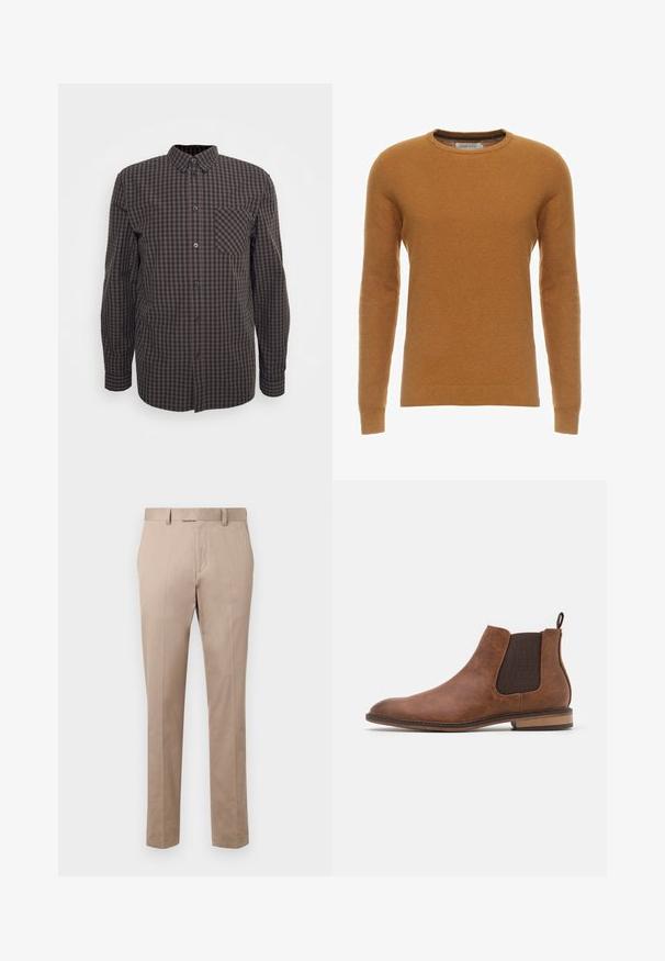 Pull en moutarde avec un col rond, des manches longues et un motif en tricot texturé. Poignets et ourlet côtelés, fabriqué en tissu doux.; Chemise à manches longues à carreaux bruns et noirs avec un bouton à l'avant, un col pointu et une poche sur la poitrine gauche. Tissu en coton avec une texture lisse.; Pantalon beige sur mesure avec une coupe droite, devant plat et passants de ceinture, réalisé en tissu lisse. Pas de motifs ou d'accents visibles.; Botte Chelsea en cuir marron avec des panneaux élastiques sur les côtés, bout arrondi et languette. Présente une finition texturée et un petit talon en bois.