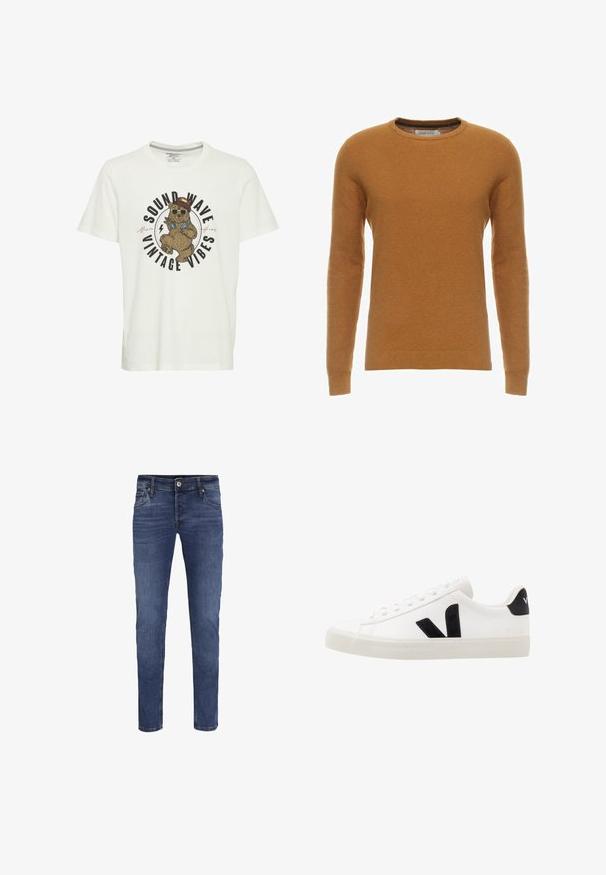 Senfgelbes Sweatshirt mit Rundhalsausschnitt, langen Ärmeln und einem strukturierten Strickmuster. Rippbündchen und Saum, aus weichem Stoff gefertigt.; Weißes Baumwoll-T-Shirt mit einem Grafikdruck eines Bären in Sonnenbrille und Hut, mit dem Text "SOUND WAVE VINTAGE VIBES" in fetter Schrift.; Herren Slim-Fit Jeans aus blauen Denim mit Knopf- und Reißverschluss, vorderen und hinteren Taschen sowie dezenten Auswaschungen.; Weiße Leder-Sneaker mit schwarzen Wildlederelementen; verfügen über eine Gummisohle, eine runde Spitze und ein klassisches Schnürdesign. Seitliches Logo in Schwarz.