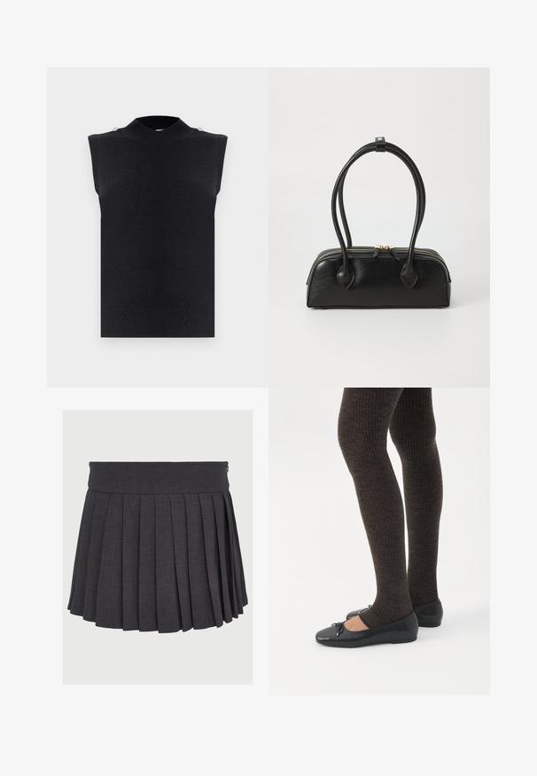 Chaleco de punto negro sin mangas con cuello alto redondo y dos pequeños botones en las costuras de los hombros, tela de textura lisa.; Falda gris con pliegues, con una cinturilla plana y cierre de cremallera, hecha de una tela texturizada, que presenta pliegues profundos de espaciado uniforme.; Piernas con leggings oscuros acanalados combinados con bailarinas negras que presentan pequeños detalles de lazo sobre un fondo blanco.; Bolso de mano de cuero negro con dos asas alargadas, cierre de cremallera y forma redondeada; textura suave con un acabado ligeramente brillante.