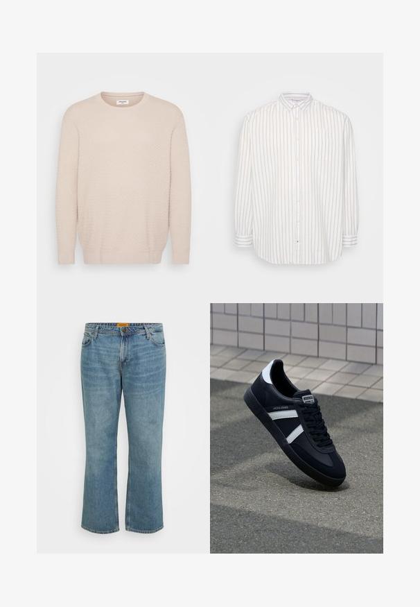 Suéter beige claro con un patrón texturizado, cuello redondo y mangas largas. Puños y dobladillo acanalados para un acabado ajustado. Material suave.; Camisa de botones en rayas blancas y beige claro, de mangas largas, con bolsillo en el lado izquierdo del pecho, cuello clásico, de tela ligera.; Jeans de mezclilla en azul claro con corte recto, cinco bolsillos, costura visible y bragueta con cremallera. La etiqueta es amarilla en la parte interior de la cinturilla.; Zapatilla de cuero negra con rayas blancas, suela de goma texturizada y parte frontal con cordones. Cuenta con una etiqueta de marca en la lengüeta.