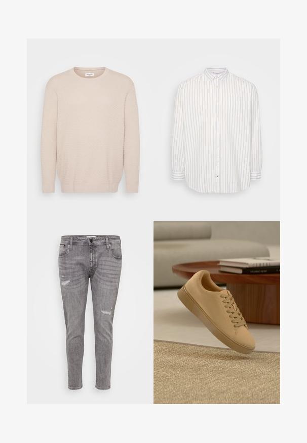 Lys beige sweater med et tekstureret mønster, rund halsudskæring og lange ærmer. Ribbet manchetter og kant for en tætsiddende finish. Blødt materiale.; Skjorte med knap-op i hvid og lys beige striber, lange ærmer, lomme på venstre bryst, klassisk krave, letvægtsstof.; Grå denim jeans med slidte detaljer, slim fit, standard fem-lomme design og en let sammenløbende ben.; Beige snørestøvler, der svæver over et tekstureret tæppe med et træ sofabord og stablede bøger i en sløret baggrund.